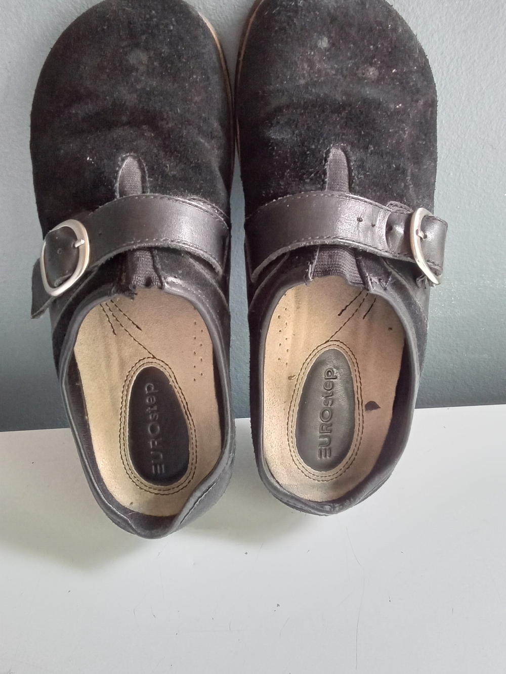 Eurostep Black‎ Suede Leather Buckle Strap Clogs Mary Jane Mules Shoes